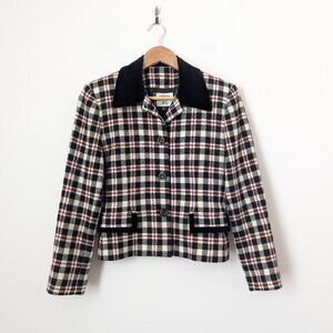 Vintage Kasper ASL Petite cream black red plaid wool velvet blazer jacket